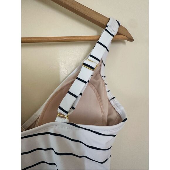 Kona Sol Blue and White Stripe Deep Plunge One Piece Swimsuit Size Medium - Picture 4 of 5